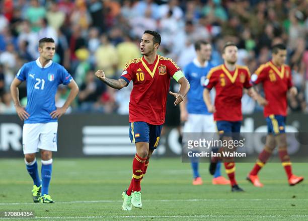Thiago Alcantara of Spain celebrates scoring the first goal during the UEFA European U21 Championships Final match between Spain and Italy at Teddy...