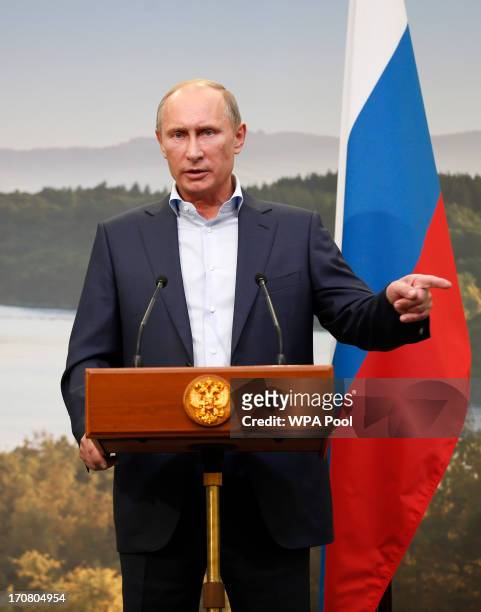 Russian President Vladimir Putin speaks during a press conference on the second day of the G8 summit venue of Lough Erne on June 18, 2013 in...