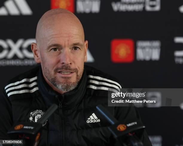 Manager Erik ten Hag of Manchester United speaks during a press conference at Carrington Training Ground on September 29, 2023 in Manchester, England.