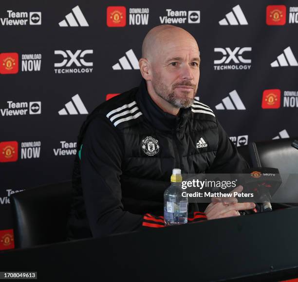 Manager Erik ten Hag of Manchester United speaks during a press conference at Carrington Training Ground on September 29, 2023 in Manchester, England.