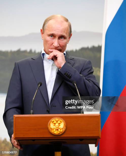 Russian President Vladimir Putin speaks during a press conference on the second day of the G8 summit venue of Lough Erne on June 18, 2013 in...