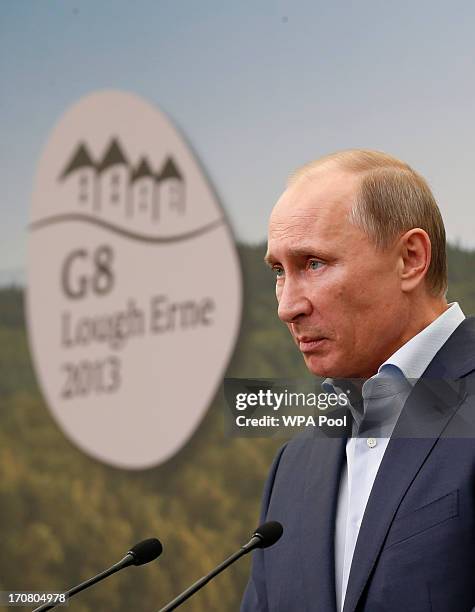 Russian President Vladimir Putin speaks during a press conference on the second day of the G8 summit venue of Lough Erne on June 18, 2013 in...