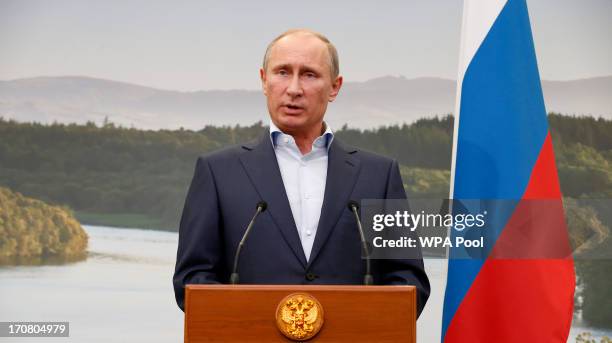 Russian President Vladimir Putin speaks during a press conference on the second day of the G8 summit venue of Lough Erne on June 18, 2013 in...