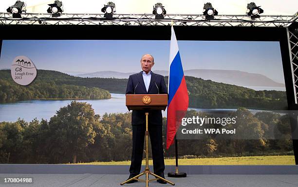 Russian President Vladimir Putin speaks during a press conference on the second day of the G8 summit venue of Lough Erne on June 18, 2013 in...