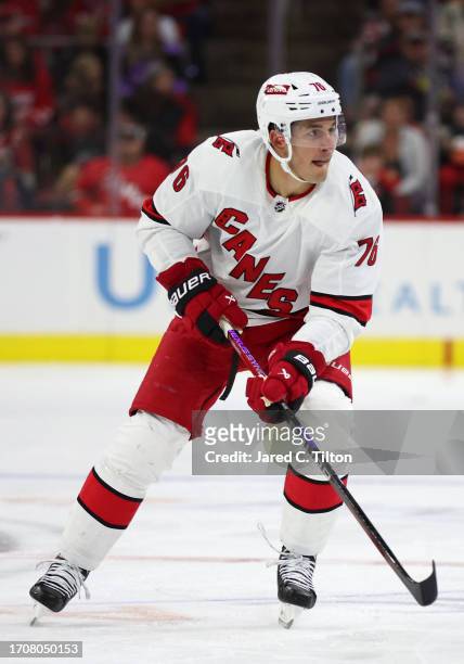 Brady Skjei of the Carolina Hurricanes skates without the puck during the second period of their game against the Florida Panthers at PNC Arena on...
