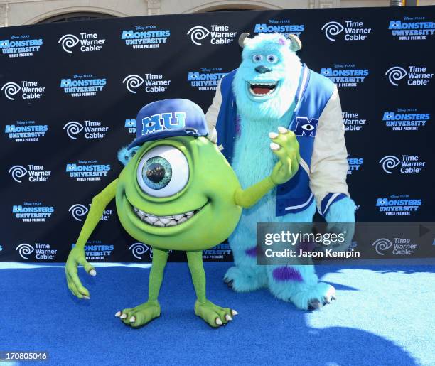 Characters Mike Wazowski and James Sullivan attends the premiere of Disney Pixar's "Monsters University" at the El Capitan Theatre on June 17, 2013...