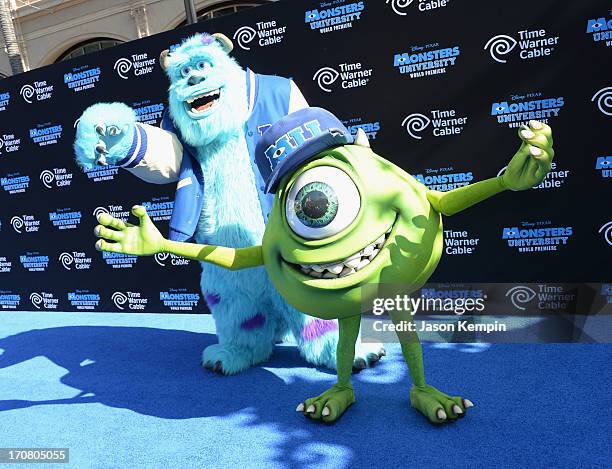 Characters James Sullivan and Mike Wazowski attend the premiere of Disney Pixar's "Monsters University" at the El Capitan Theatre on June 17, 2013 in...