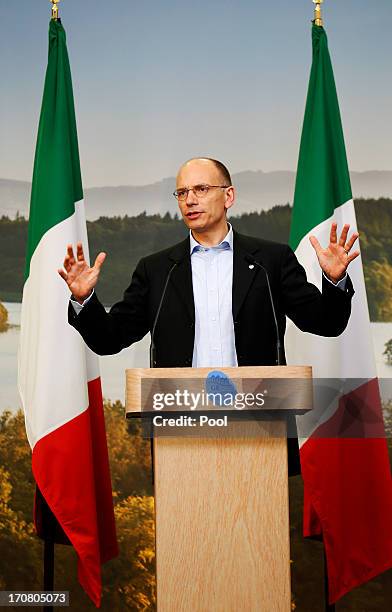 Italian Prime Minister Enrico Letta, answers questions from the media at a concluding press conference at the G8 venue of Lough Erne on June 18, 2013...