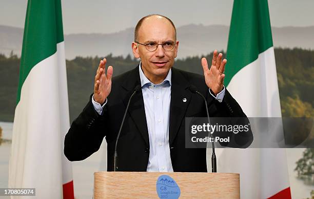 Italian Prime Minister Enrico Letta, answers questions from the media at a concluding press conference at the G8 venue of Lough Erne on June 18, 2013...