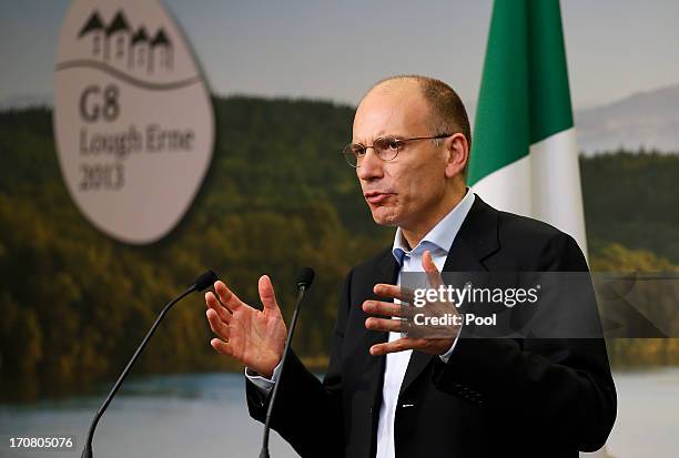 Italian Prime Minister Enrico Letta, answers questions from the media at a concluding press conference at the G8 venue of Lough Erne on June 18, 2013...