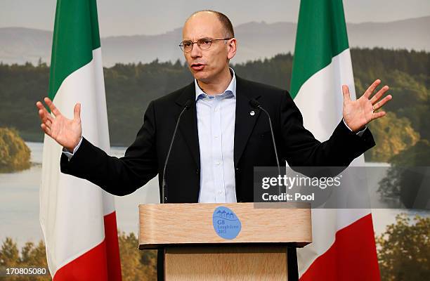 Italian Prime Minister Enrico Letta, answers questions from the media at a concluding press conference at the G8 venue of Lough Erne on June 18, 2013...