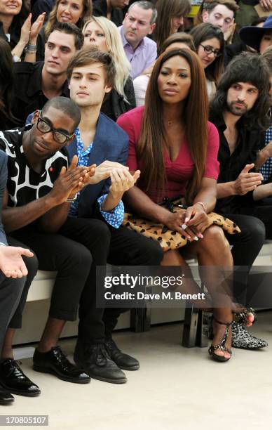 Tinie Tempah, Douglas Booth, Serena Williams and Sergio Pizzorno sit in the front row at Burberry Menswear Spring/Summer 2014 at Kensington Gardens...