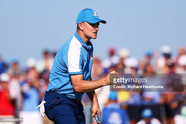 Justin Rose of Team Europe celebrates on the 11th green during the Friday afternoon fourball matches of the 2023 Ryder Cup at Marco Simone Golf Club...