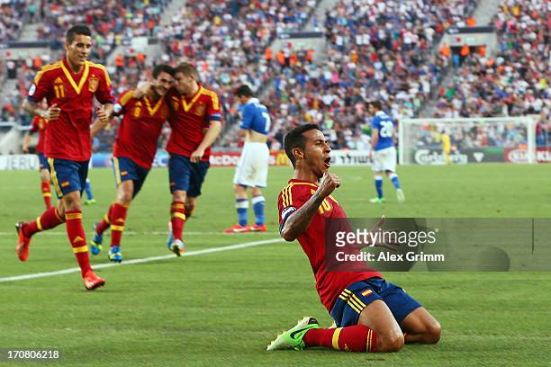 Thiago Alcantara of Spain celebrates his team's second goal during the UEFA European U21 Championship final match between Italy and Spain at Teddy...