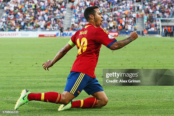 Thiago Alcantara of Spain celebrates his team's second goal during the UEFA European U21 Championship final match between Italy and Spain at Teddy...