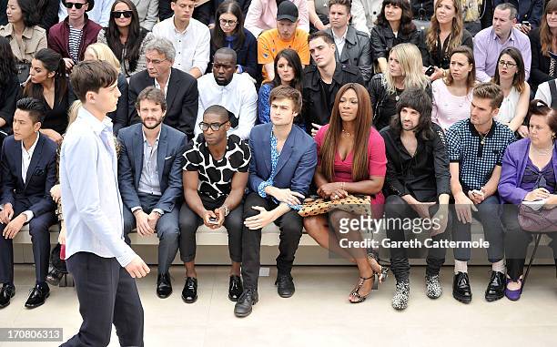 Chen Kun, Hugh Dancy, Tinie Tempah, Douglas Booth, Serena Williams, Serge Pizzorno, Guest, and Suzy Menkes sit in the front row at Burberry Menswear...