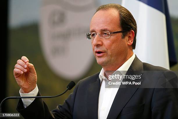 France's President Francois Hollande attends a press conference on the second day of the G8 summit venue of Lough Erne on June 18, 2013 in...