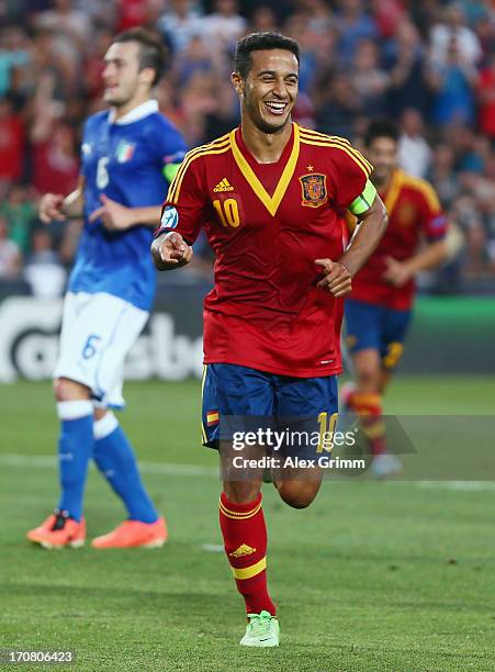 Thiago Alcantara of Spain celebrates his team's third goal during the UEFA European U21 Championship final match between Italy and Spain at Teddy...