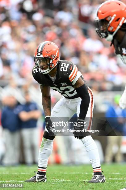 Grant Delpit of the Cleveland Browns waits for the snap during the second half against the Tennessee Titans at Cleveland Browns Stadium on September...