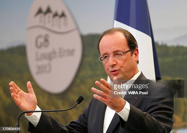 France's President Francois Hollande attends a press conference on the second day of the G8 summit venue of Lough Erne on June 18, 2013 in...