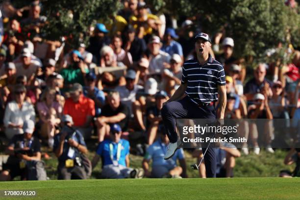 Justin Thomas of Team United States celebrates on the 15th green during the Friday afternoon fourball matches of the 2023 Ryder Cup at Marco Simone...