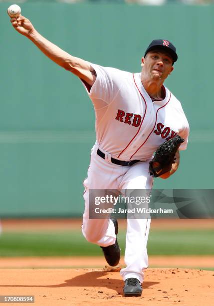 Alfredo Aceves of the Boston Red Sox pitches against the Tampa Bay Rays during the game on June 18, 2013 at Fenway Park in Boston, Massachusetts.