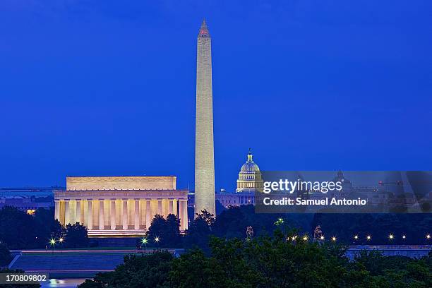 Skyline view of Washington, District of Columbia at dusk. The Lincoln Memorial, Washington Monument and the U.S. Capitol Building illuminate the...