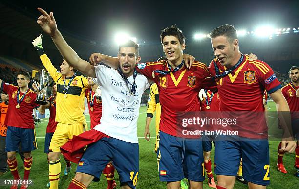 Alvaro Gonzalez, Alvaro Morata and Alvaro Vazquez of Spain celebrate after winning the UEFA European U21 Championships Final match between Spain and...