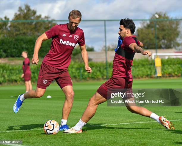 Tomas Soucek of West Ham United during training at Rush Green on September 29, 2023 in Romford, England.