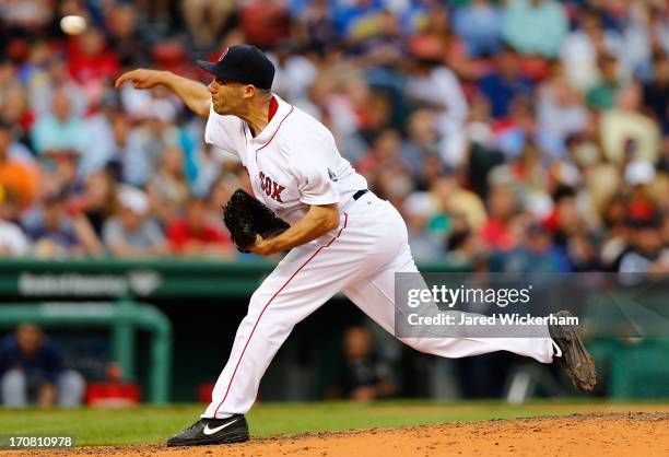 Alfredo Aceves of the Boston Red Sox pitches against the Tampa Bay Rays during the game on June 18, 2013 at Fenway Park in Boston, Massachusetts.