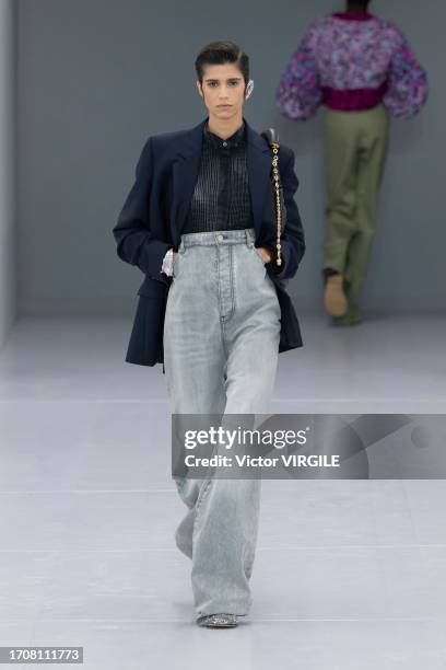 Mica Arganaraz walks the runway during the Loewe Ready to Wear Spring/Summer 2024 fashion show as part of the Paris Fashion Week on September 29,...