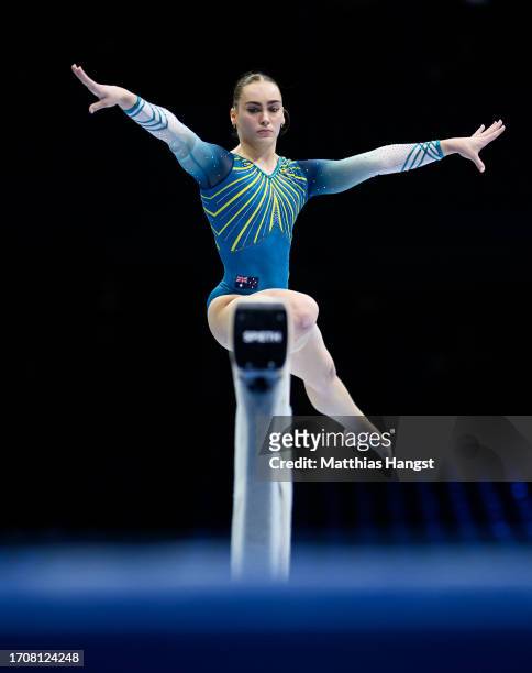 Breanna Scott of Team Australia practices on the Balance2 Beam during the 2023 FIG Artistic Gymnastics World Championships Training Session at the...
