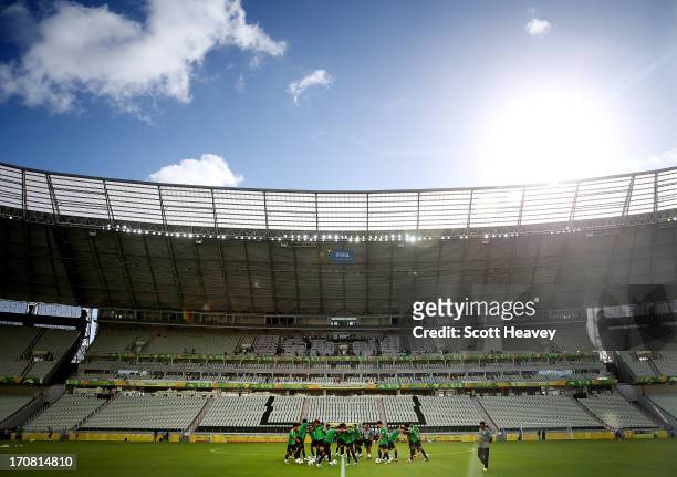 General view of the Brazil team during a training session ahead of their FIFA Confederations Cup 2013 match with Mexico at Estadio Castelao on June...
