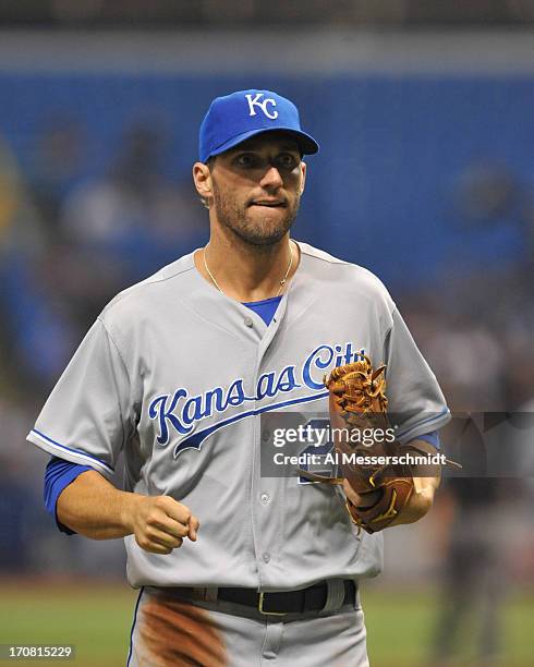 Outfielder Jeff Francoeur of the Kansas City Royals runs to the dugout against the Tampa Bay Rays June 14, 2013 at Tropicana Field in St. Petersburg,...