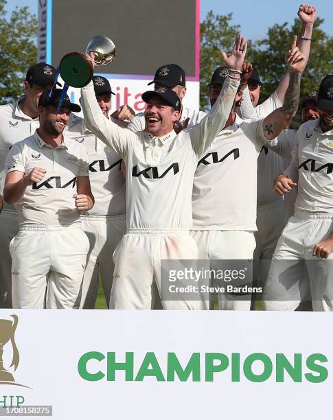 The Surrey Captain, Rory Burns lifts the LV= Insurance County Championship Division 1 Trophy after the LV= Insurance County Championship Division 1...