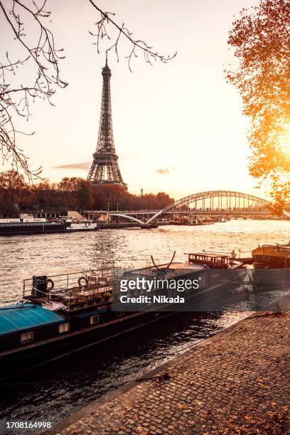 looking across river seine towards eiffel tower - paris cityscape stock pictures, royalty-free photos & images