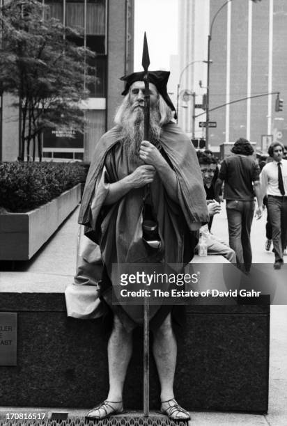 Blind composer, musician, poet and street performer Moondog poses for a portrait in July, 1970 near the corner of 52nd Street and Sixth Avenue where...