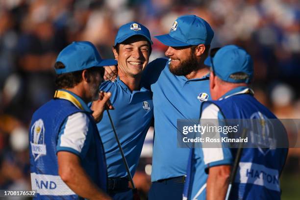 Tyrrell Hatton and Viktor Hovland of Team Europe celebrate on the 18th hole during the Friday afternoon fourball matches of the 2023 Ryder Cup at...