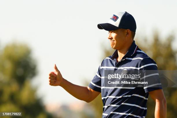 Collin Morikawa of Team United States reacts on the tenth green during the Friday afternoon fourball matches of the 2023 Ryder Cup at Marco Simone...