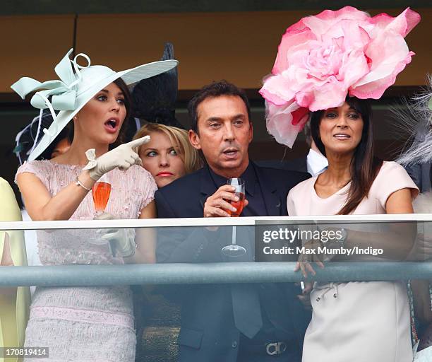 Danielle Lineker, Bruno Tonioli and Jackie St Clair watch the racing as they attend Day 1 of Royal Ascot at Ascot Racecourse on June 18, 2013 in...