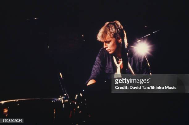 The drummer of the British band Queen Roger Taylor performs at Sports Arena in San Diego, California, United States, 5th July 1980.