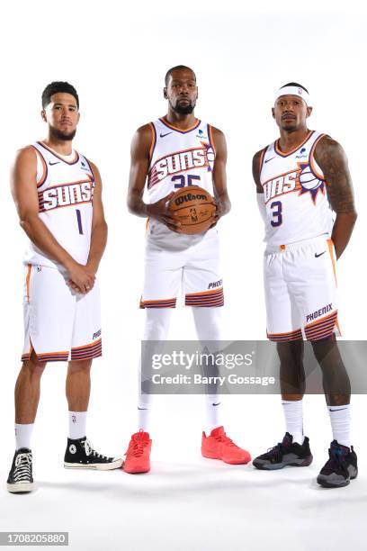 Devin Booker, Kevin Durant and Bradley Beal of the Phoenix Suns poses for a portrait during 2023-24 NBA Media Day on October 2 at the Footprint...
