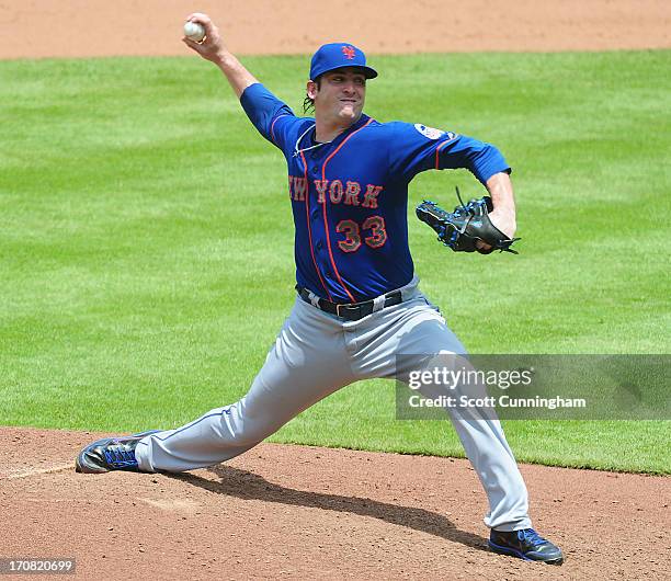 Matt Harvey of the New York Mets pitches against the Atlanta Braves during game one of a doubleheader at Turner Field on June 18, 2013 in Atlanta,...