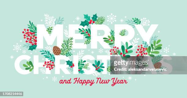 typografische frohe weihnachten mit mistelzweigen, tannenzapfen, stechpalmenblättern, beeren und schneeflocken - mistel stock-grafiken, -clipart, -cartoons und -symbole