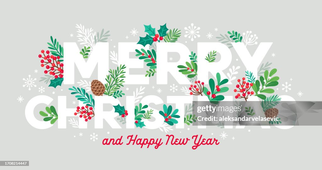 Typografische Frohe Weihnachten mit Mistelzweigen, Tannenzapfen, Stechpalmenblättern, Beeren und Schneeflocken