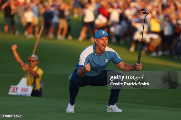 Justin Rose of Team Europe celebrates on the 18th green during the Friday afternoon fourball matches of the 2023 Ryder Cup at Marco Simone Golf Club...