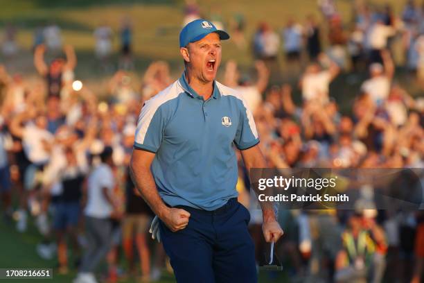 Justin Rose of Team Europe celebrates on the 18th green during the Friday afternoon fourball matches of the 2023 Ryder Cup at Marco Simone Golf Club...