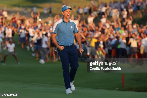Justin Rose of Team Europe celebrates on the 18th green during the Friday afternoon fourball matches of the 2023 Ryder Cup at Marco Simone Golf Club...