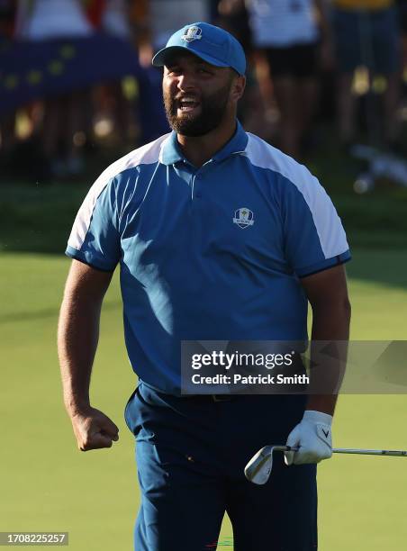 Jon Rahm of Team Europe celebrates on the 16th green during the Friday afternoon fourball matches of the 2023 Ryder Cup at Marco Simone Golf Club on...