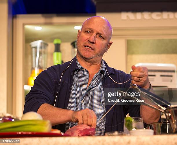 Celebrity chef and former Bravo Top Chef judge, Tom Colicchio, conducts a cooking demonstration on June 14 in Aspen, Colorado. The 31st Annual Food &...